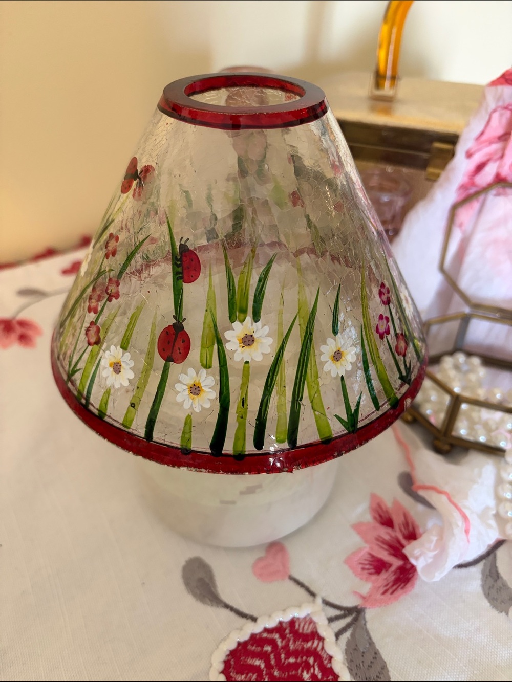 Yankee Candle Painted Floral Ladybug Glass Candle Shade - Red Green White